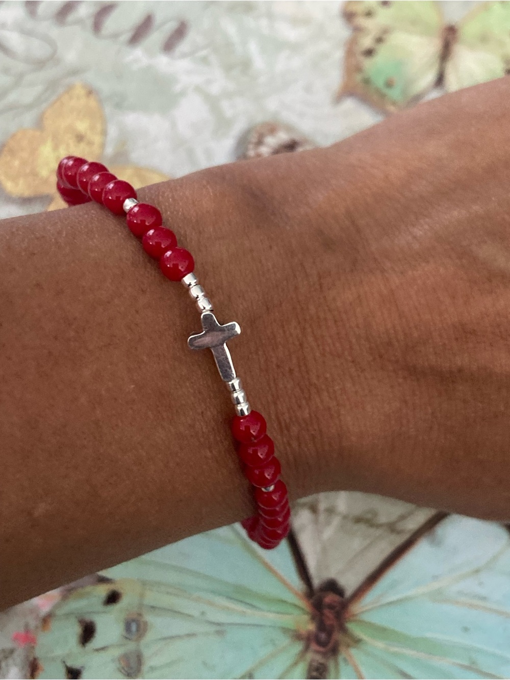 Red coral Beaded Stretch Bracelet with Silver 925 Cross